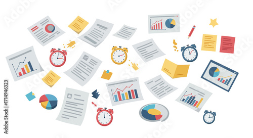 Business documents and graphs with clocks and charts in flat design