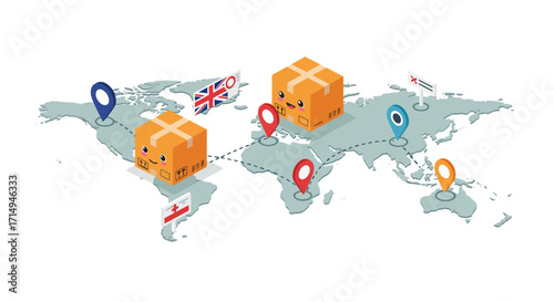 Global shipping network with cute parcel cartoon characters and location pins…