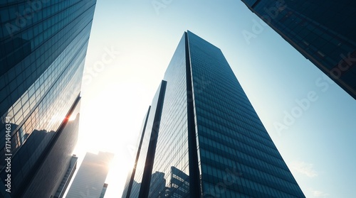 Reflective skyscraper business office buildings. Bottom up view of big modern city urban landscape