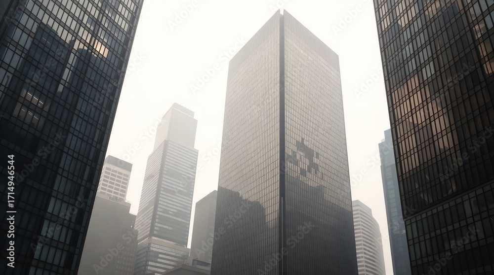 Obraz premium Reflective skyscraper business office buildings. Bottom up view of big modern city urban landscape