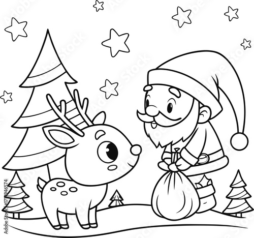 Set of cheerful cartoon Santa Claus carrying a large sack full of gifts line art silhouette vector illustration.