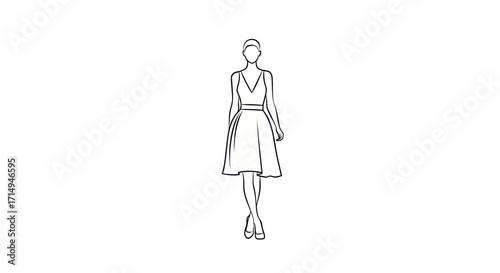 Fashion Illustration: Woman in V-Neck Dress with Belt and Heels Simple Line Art.