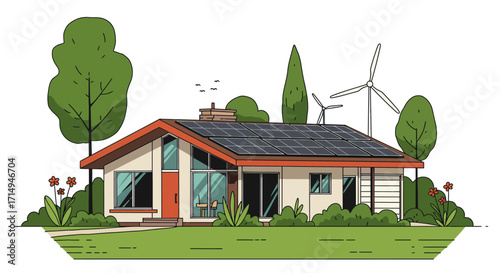 Eco-friendly house with solar panels and wind turbines in a green landscape