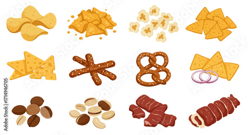 A collection of snacks like potato chips nachos popcorn pretzels nuts and meat snacks arranged in a grid pattern