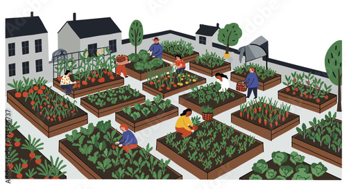 Community garden with people tending crops in urban setting