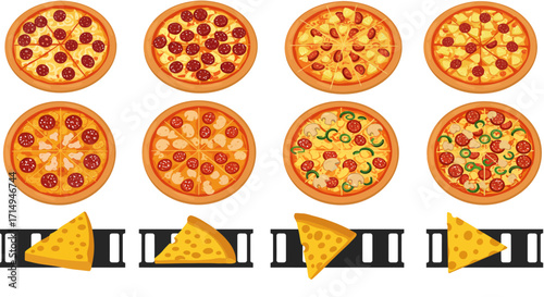 A collection of eight pizza pies and four pizza slices with various toppings arranged in a rectangular pattern