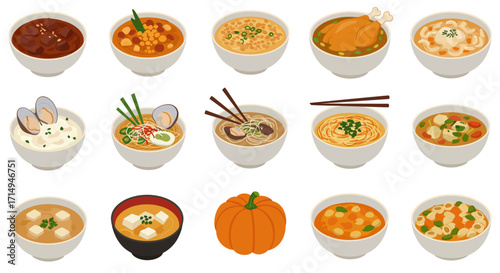 A grid of soups including miso ramen chowder and pumpkin