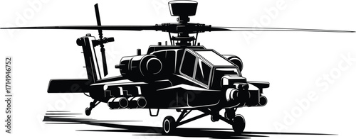 Apache helicopter silhouette, military aircraft, attack helicopter, black illustration, grounded vehicle, white background, weapon system, rotor blades, tactical graphic, defense icon