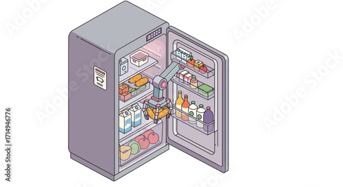 Robot arm organizing food in smart fridge for efficient storage in modern kit…