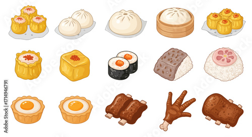 A variety of dim sum selections buns rolls ribs tarts and chicken feet set against a white background