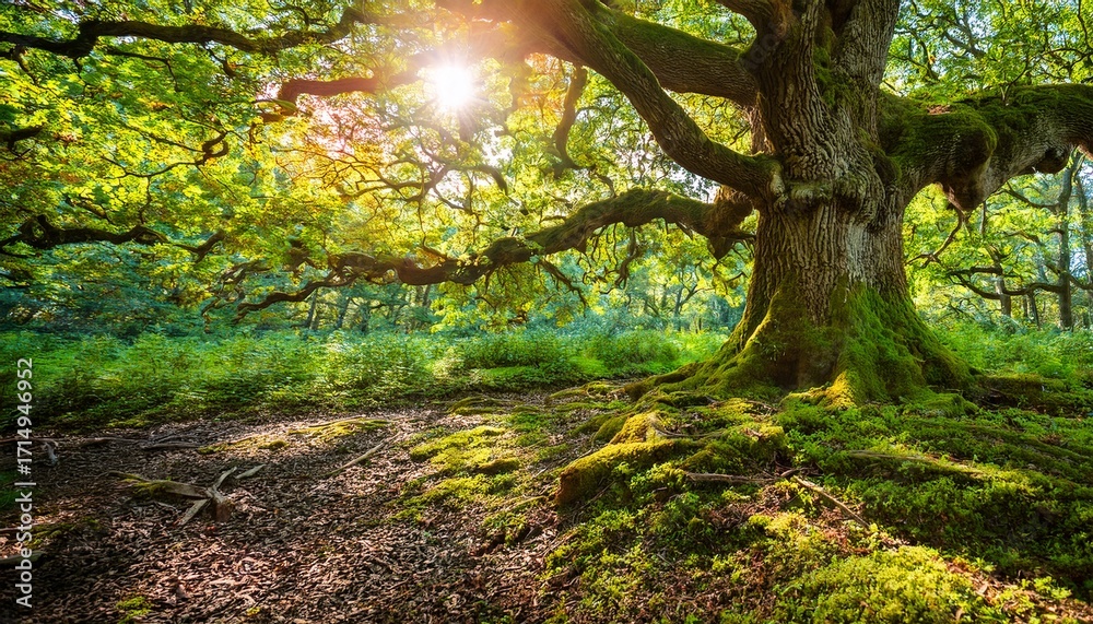 Obraz premium Majestic Ancient Oak Tree In Enchanted Forest With Lush Green Foliage Moss And Sunlight Serene Nature Landscape Background