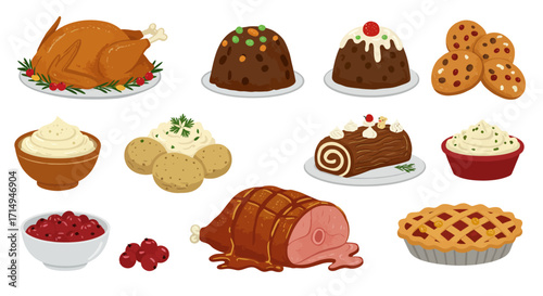 An array of various holiday foods including turkey ham cake pie pudding potatoes cranberry sauce cookies and sauce bowls
