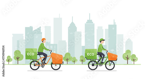 Eco-friendly bicycle delivery in urban landscape with green cityscape background