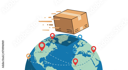 Fast delivery concept with package over globe and location pins highlighting…