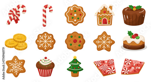 An assortment of festive desserts cookies candy canes cake and a cupcake displayed in a collection