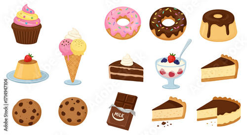 Array of sweets cupcake donuts ice cream pudding pie cookies chocolate parfait cake