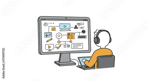 Person at desk with headphones engaged in online workflow on computer screen