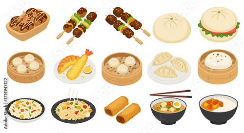 Asian foods illustration takoyaki yakitori bao buns dim sum dumplings fried rice spring rolls ramen rice bowl