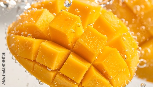 Close-up of a diced mango submerged in bubbly, clear liquid against a bright white backdrop, highlighting its vibrant color and texture