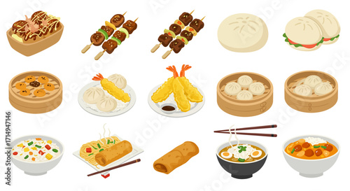 Assorted Asian cuisine takoyaki skewers buns dim sum tempura noodles rice  spring rolls