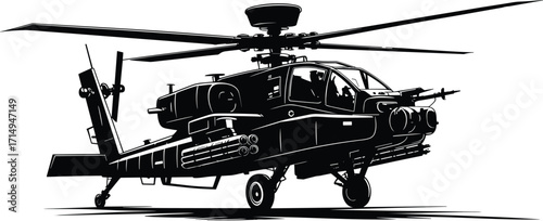 Apache helicopter silhouette, military aircraft, combat helicopter, black and white, tactical aviation, weapon system, rotorcraft profile, war machine, defense technology,