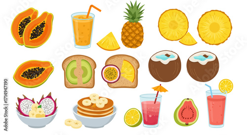 Assorted fruit  food illustrations papaya juice pineapple toast coconut dragon fruit pancakes guava  drinks