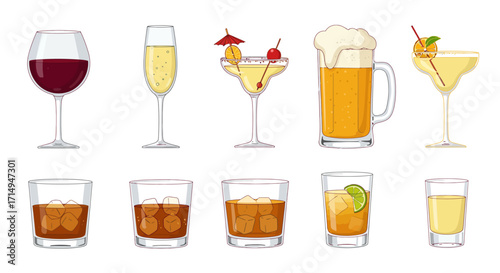 Assortment of diverse alcoholic beverages including wine beer cocktails and liquors arranged in two rows on a white background