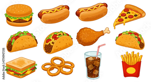 Assortment of fast food burger hot dogs pizza tacos fried chicken onion rings fries soda and a sandwich