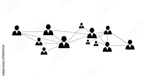 Silhouette network of people connected through dotted lines