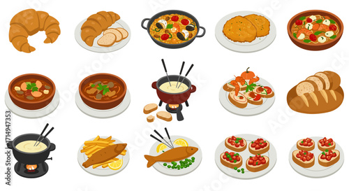 Assortment of isometric food dishes including soups seafood bread and fondue