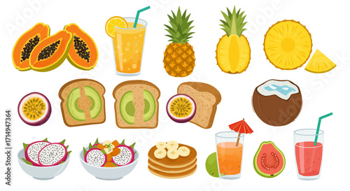 Assortment of tropical fruits beverages and breakfast items arranged on a white backdrop