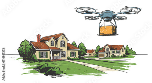 Drone delivery in suburban neighborhood scene with modern urban technology