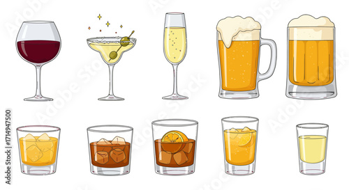Cartoon array of varied alcoholic beverages in glasses and mugs