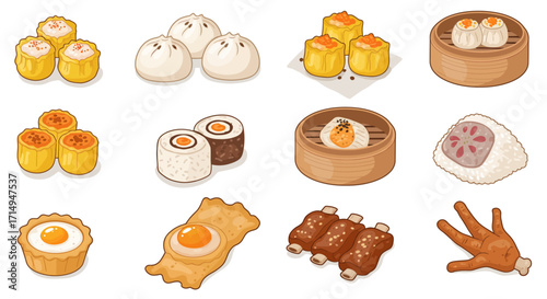 Cartoon depiction of twelve assorted dishes from Chinese cuisine