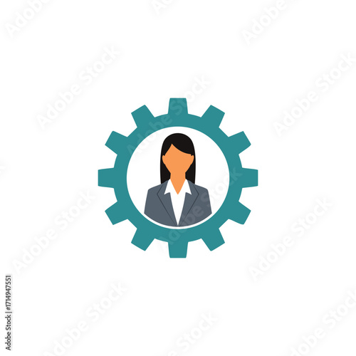 Businesswoman icon inside a gear on white background