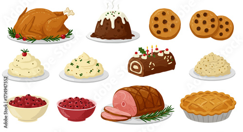 Cartoon holiday spread turkey ham pie pudding mashed potatoes cranberry sauce cookies and a yule log