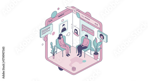 Isometric virtual meeting space with two people and digital interface elements