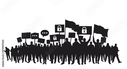 Silhouette of a protest crowd with signs and flags in black and white