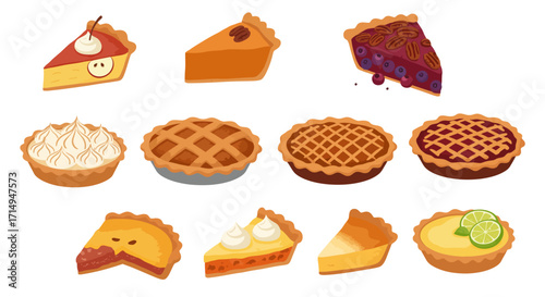 Cartoon image displays slices and whole pies featuring different crusts fillings and toppings