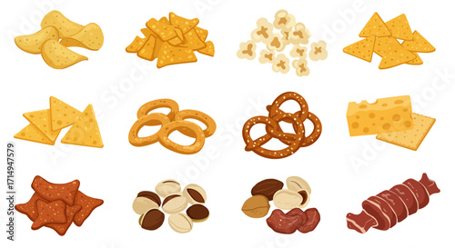 Cartoon snacks chips nachos popcorn pretzels cheese nuts and meat