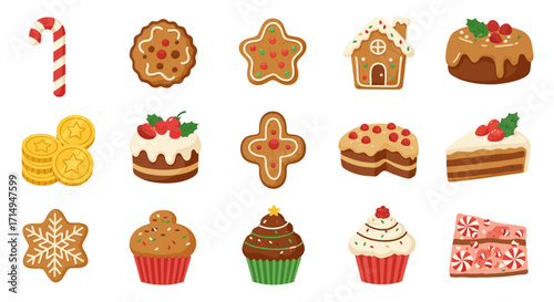 Christmas sweets  treats candy cane cookies gingerbread house cake slices cupcakes  gold coins