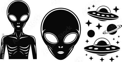 Black and white alien illustrations, extraterrestrial head designs, UFO flying saucer icons, sci‑fi space art, cosmic exploration concept, outer space fantasy
