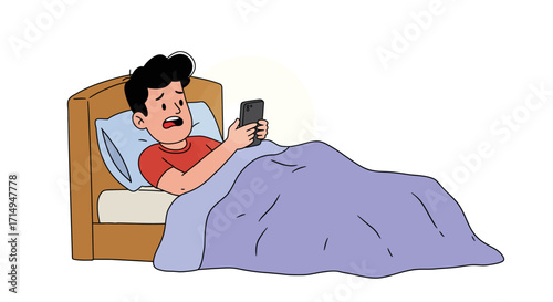 Cartoon boy lying in bed using smartphone with surprised expression