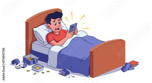 Man shocked by unexpected news on smartphone while relaxing in bed