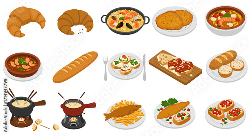 Diverse food platters feature croissants paella soup fondue bruschetta  fried fish