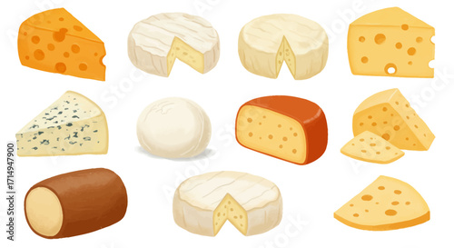 Eleven cheese illustrations of various types with different shapes and textures