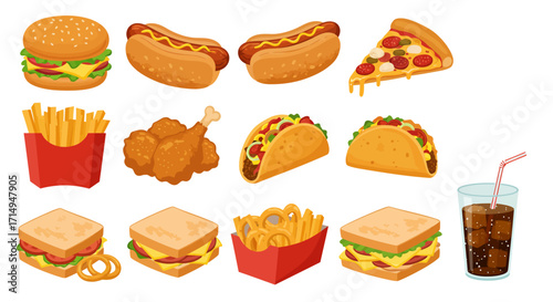 Fast food feast burger hot dogs pizza fries chicken tacos sandwiches onion rings  cola