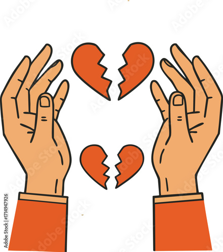 Human hands holding two broken hearts symbolizing emotional pain and relationship breakup vector illustration 