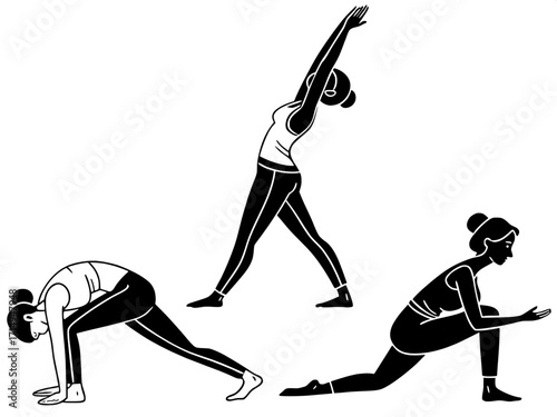 Minimal yoga poster design with simple black shapes of people in different postures, clean cream background, balanced composition.