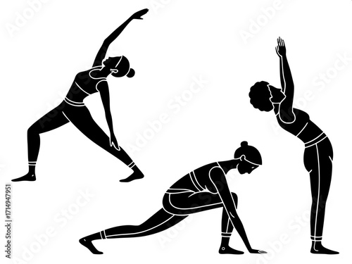 Minimal yoga poster design with simple black shapes of people in different postures, clean cream background, balanced composition.